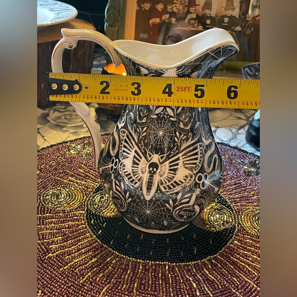 MONTEREY BAY NEW Fine Porcelain Gothic Serving Pitcher With Moth Skull Design - Picture 10 of 16